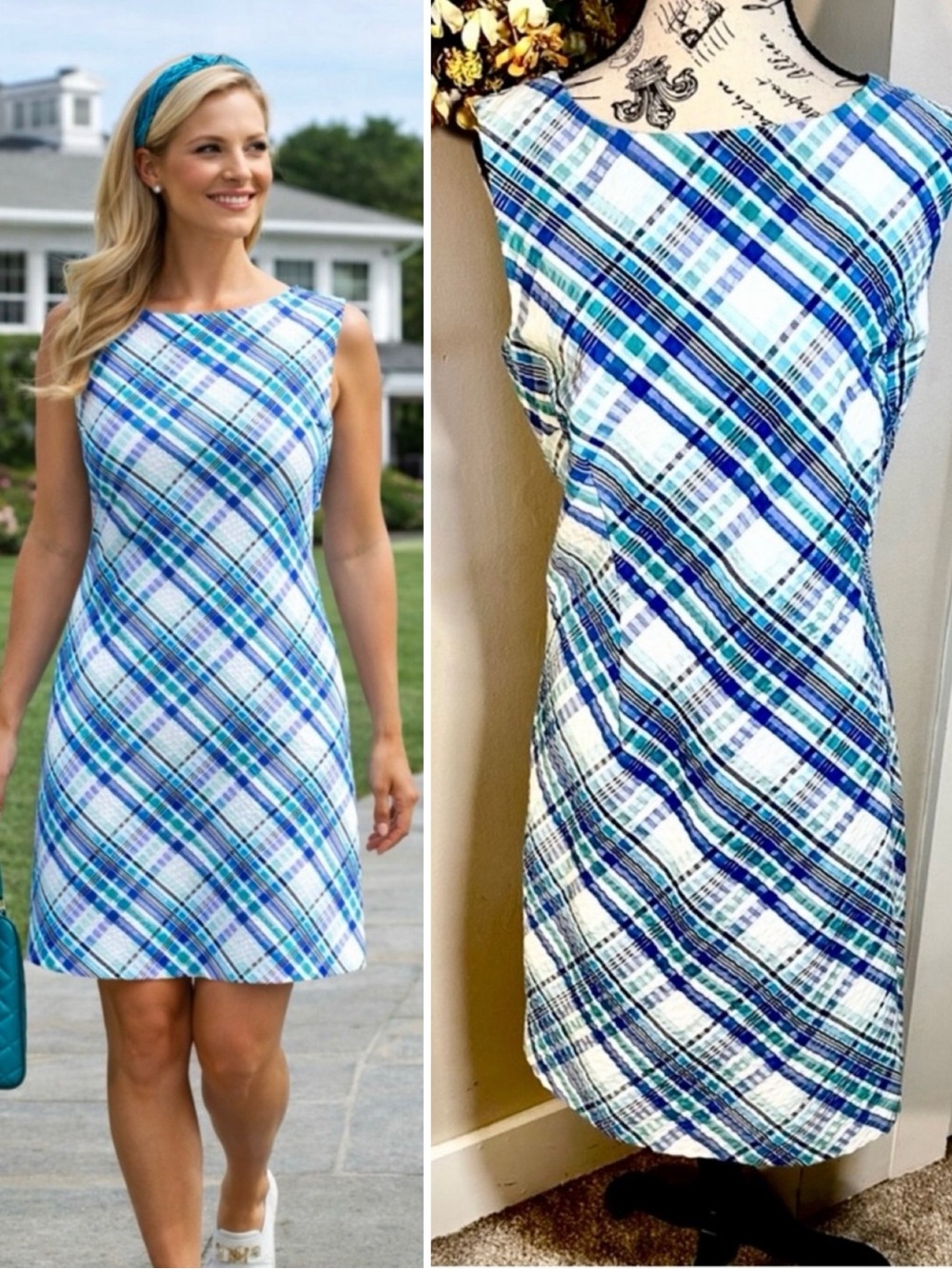 NWT FAIRWAY & Greene Nicole Summer Plaid Seersucker Golf Dress Sz Large💛